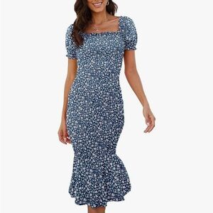 Small Floral Blue Bodycon Midi Dress Spring Maternity Square neck
